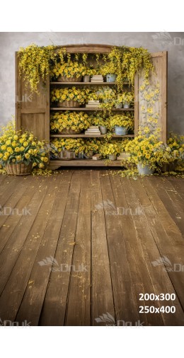 Tło fotograficzne „Rustykalna szafa pełna żółtych kwiatów” | E863